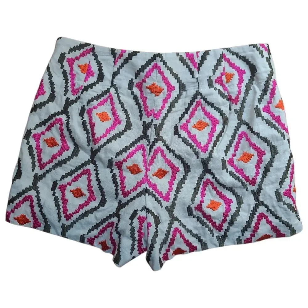 Ann Taylor LOFT Riviera Shorts Size 2 Embroidered Ikat Linen Blend Boho Summer